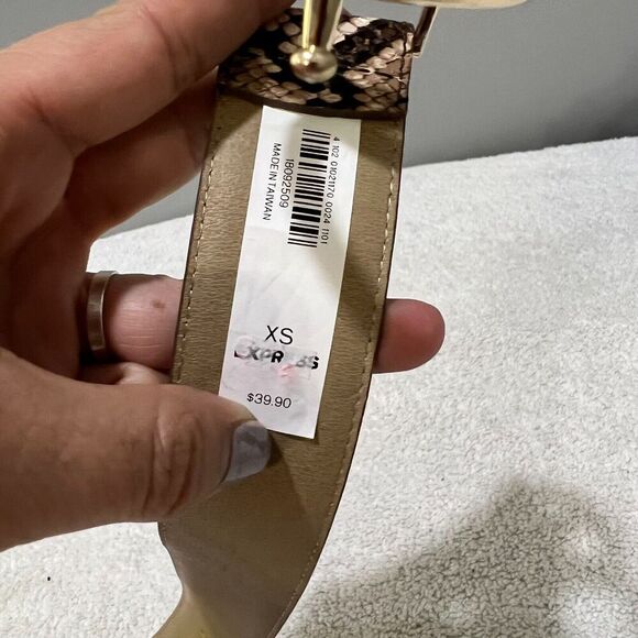 Express Womens Brown Double Ring Adjustable Belt XS Snakeskin Gold Plated NWT - Picture 6 of 10